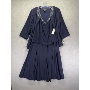 Alex Evenings Dress Jacket Set Womens 18W Blue Beaded Cowl Neck Formal Evening